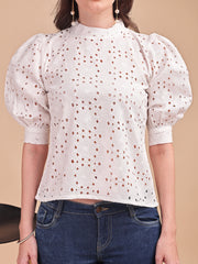 Schiffli Bloom Puff Sleeve Top