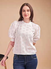 Schiffli Bloom Puff Sleeve Top