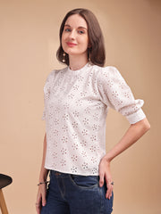 Schiffli Bloom Puff Sleeve Top