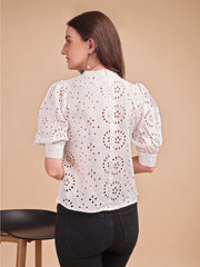 Schiffli Bloom Puff Sleeve Top