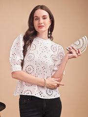 Schiffli Bloom Puff Sleeve Top