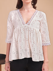 Schiffli Flare V-Neck Top