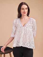 Schiffli Flare V-Neck Top