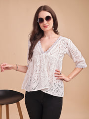 Schiffli Flare V-Neck Top