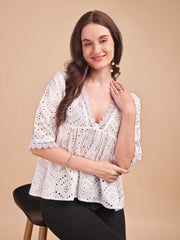 Schiffli Flare V-Neck Top