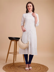 White Bloom Schiffli Button-Down Kurti