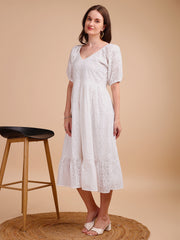 Schiffli V-Neckline Long Onepiece Dress