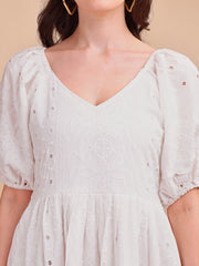 Schiffli V-Neckline Long Onepiece Dress