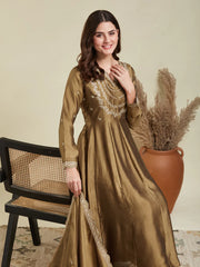 Gold Embroidered Silk Blend Anarkali Kurta With Dupatta Set