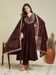 Maroon Embroidered Silk Blend Anarkali Kurta With Dupatta Set