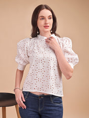 Schiffli Bloom Puff Sleeve Top