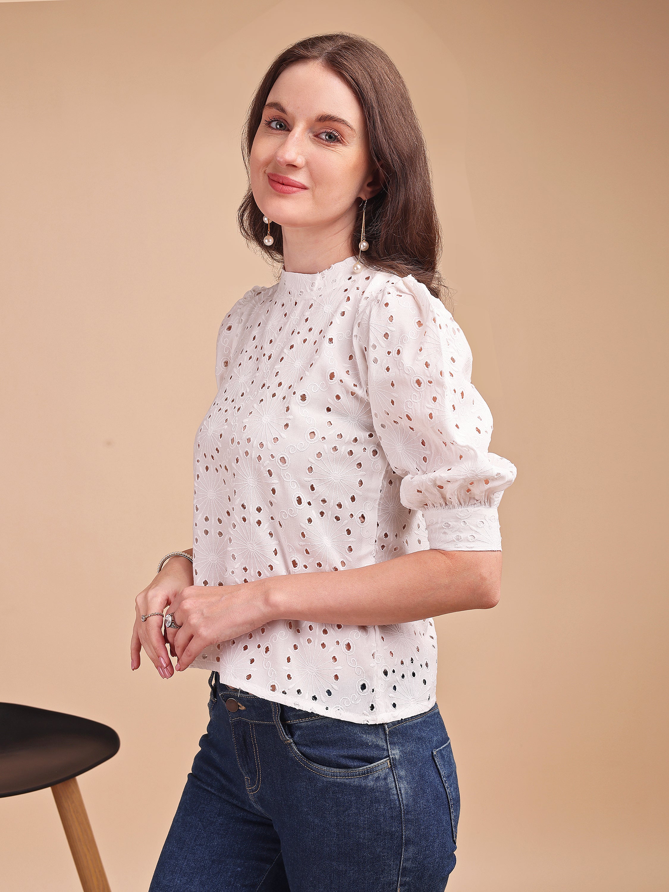 Schiffli Bloom Puff Sleeve Top