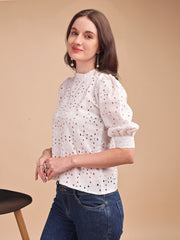 Schiffli Bloom Puff Sleeve Top