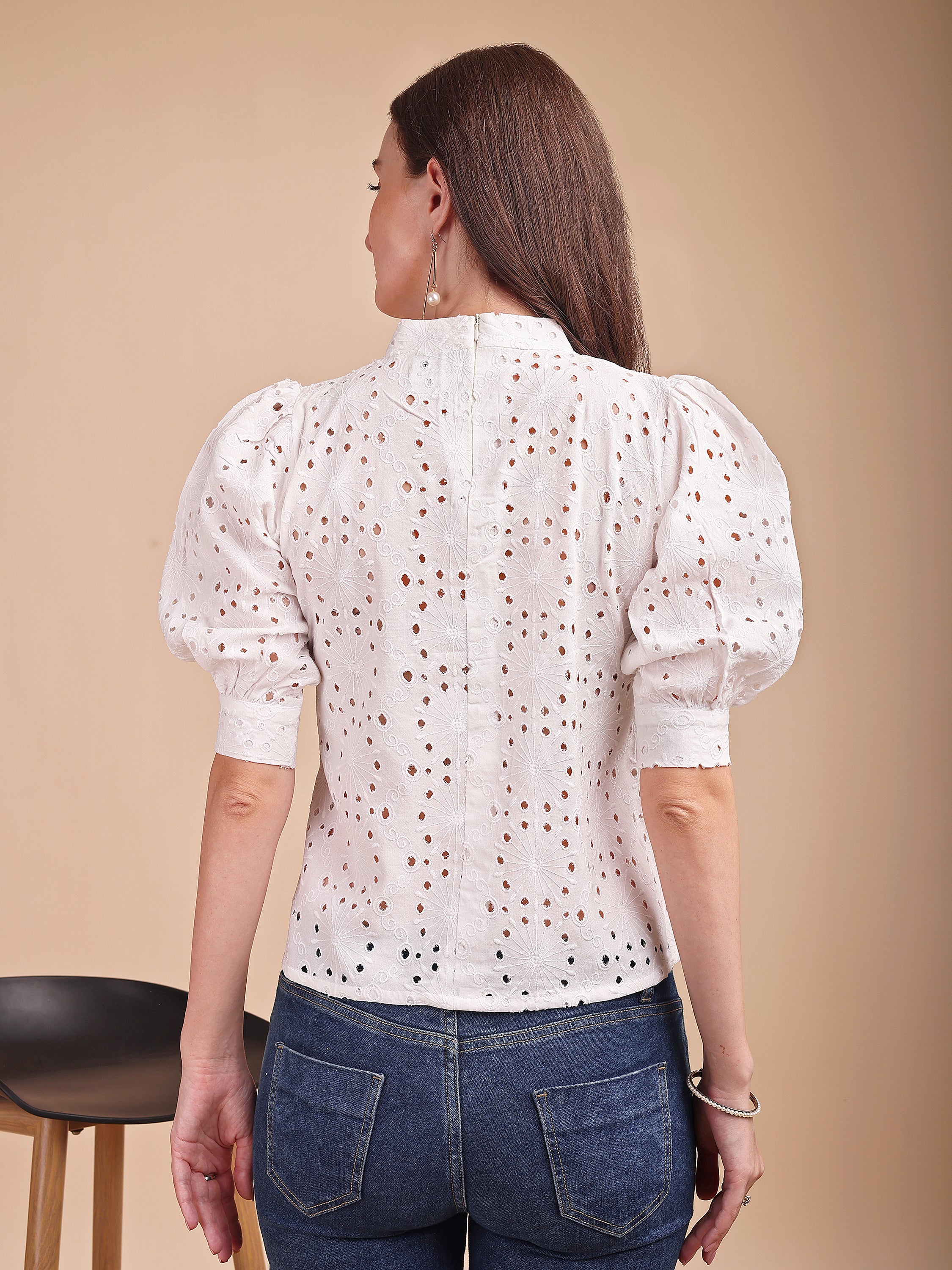 Schiffli Bloom Puff Sleeve Top