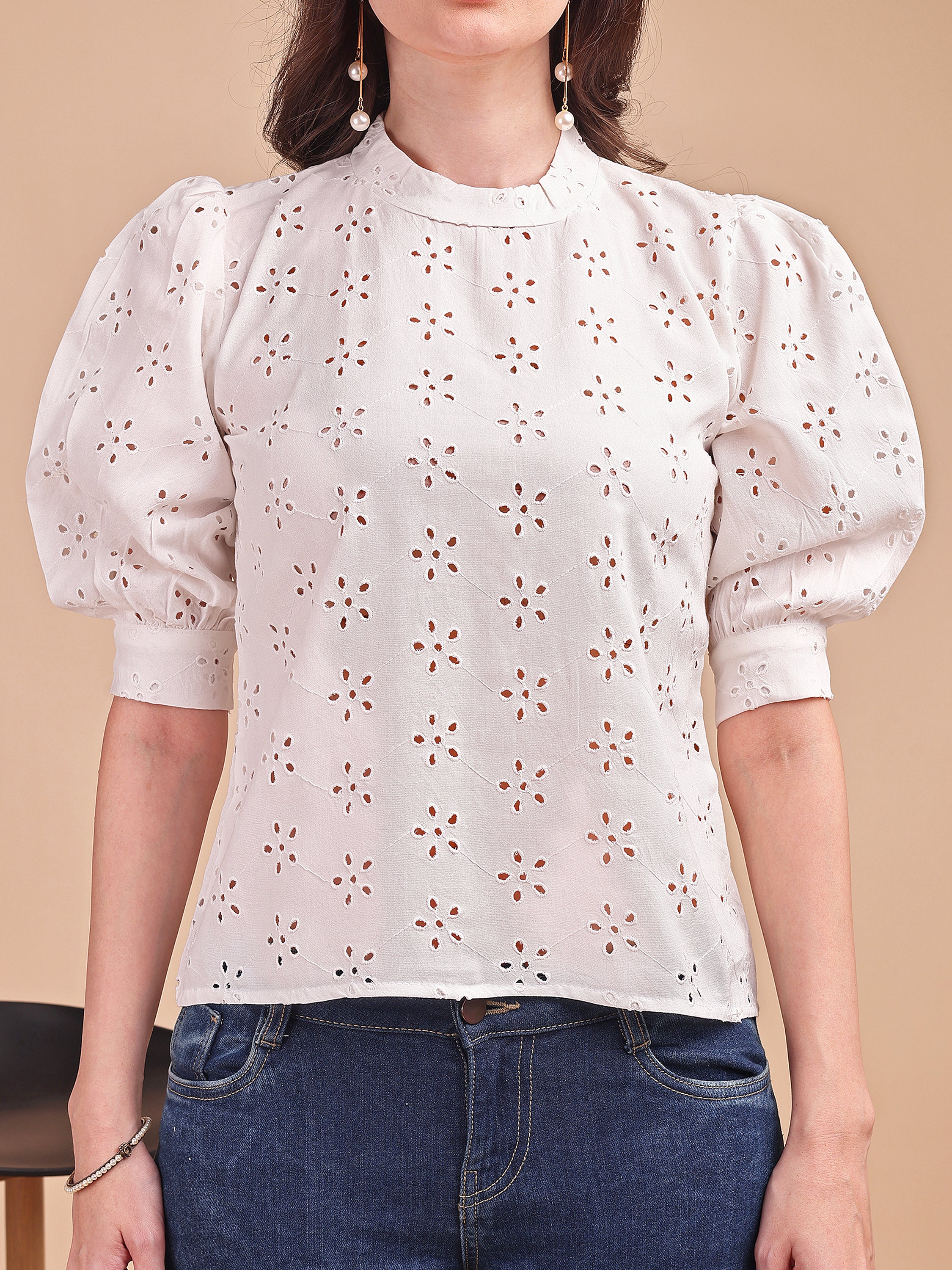 Schiffli Bloom Puff Sleeve Top