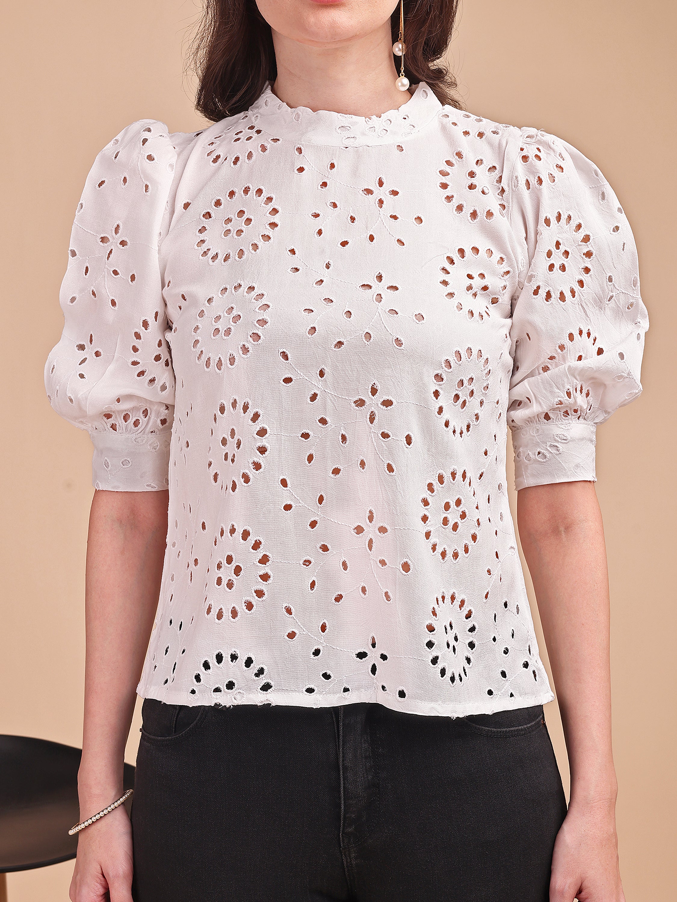 Schiffli Bloom Puff Sleeve Top