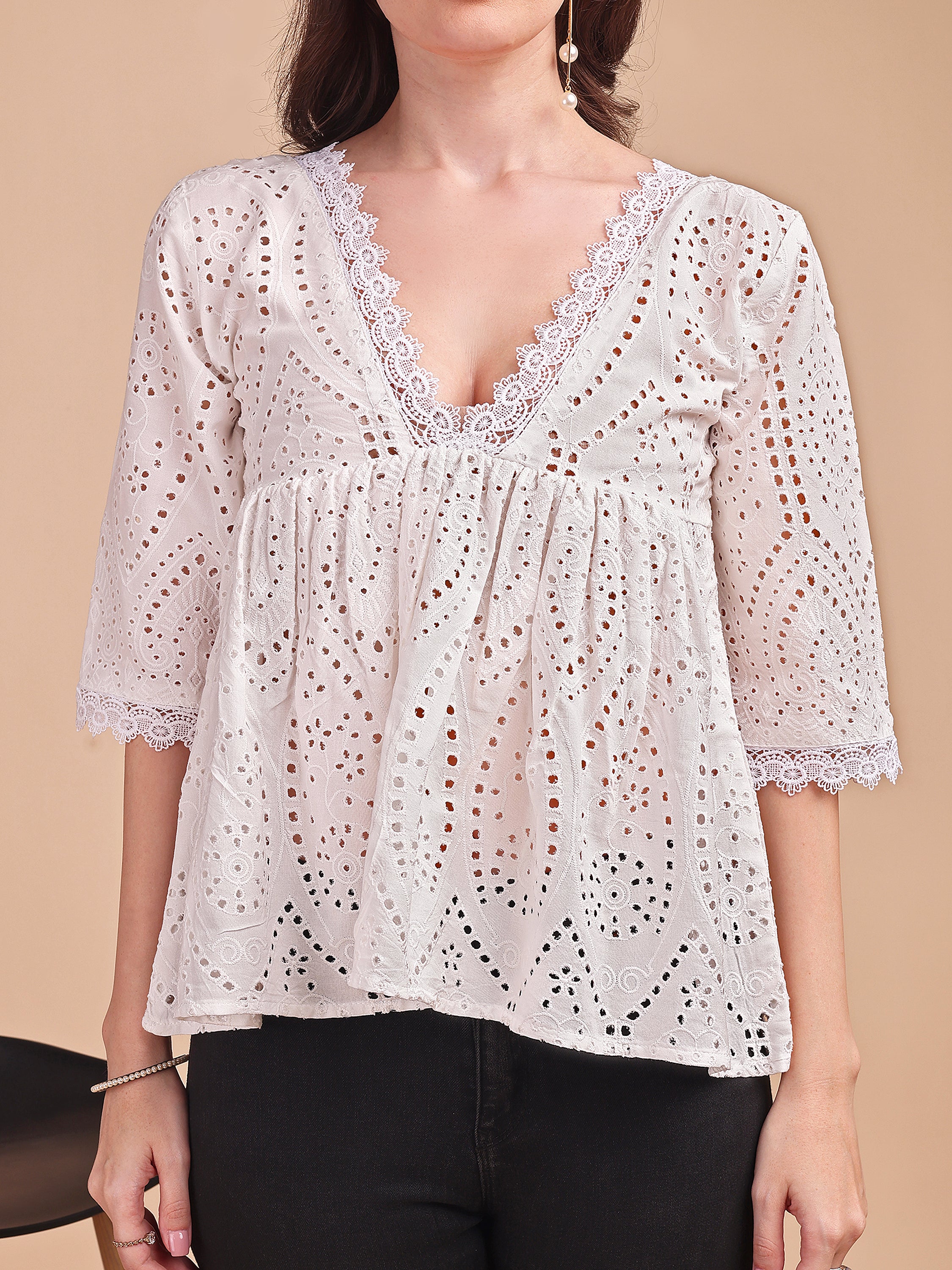 Schiffli Flare V-Neck Top
