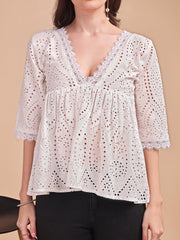Schiffli Flare V-Neck Top