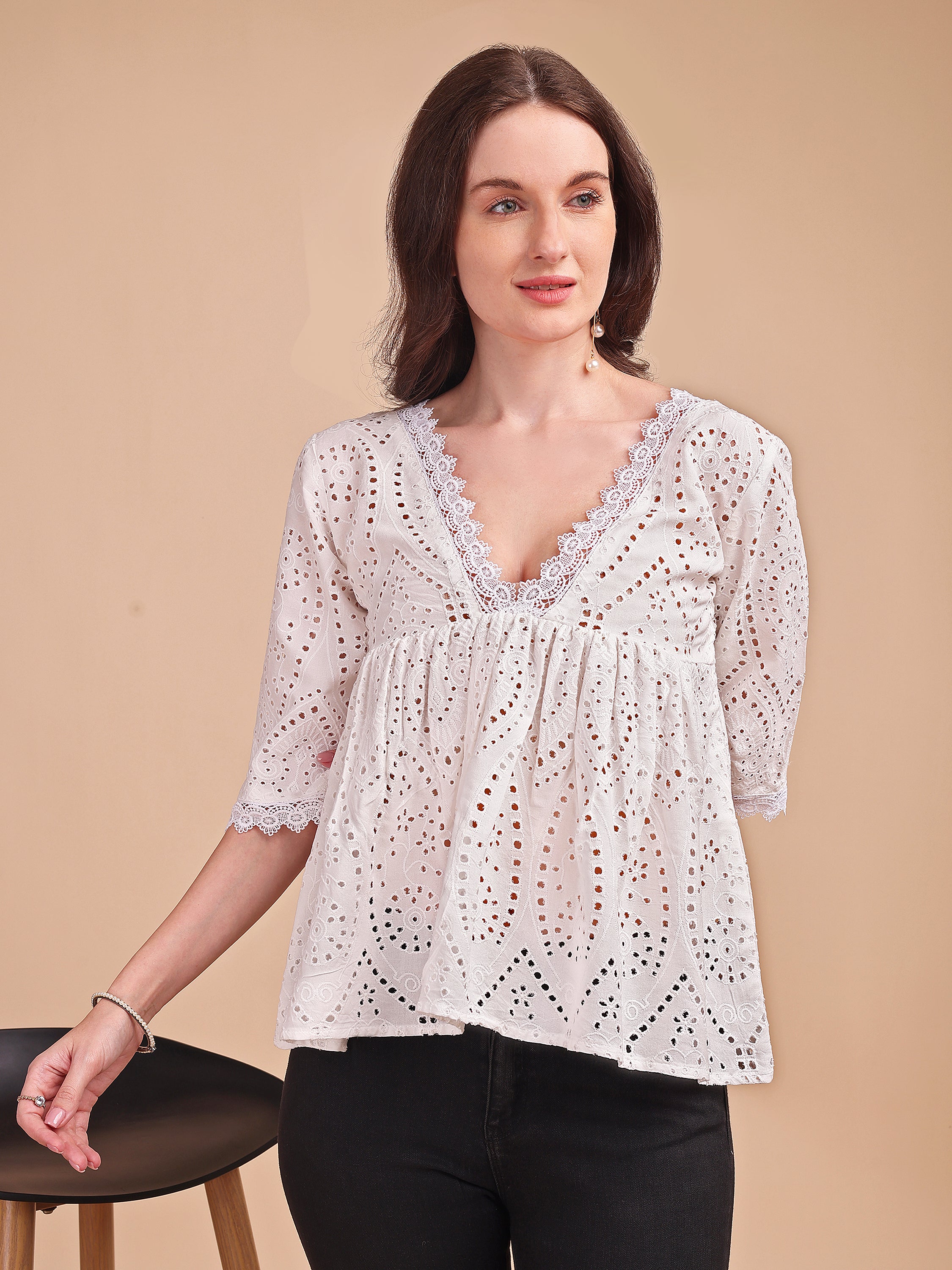 Schiffli Flare V-Neck Top