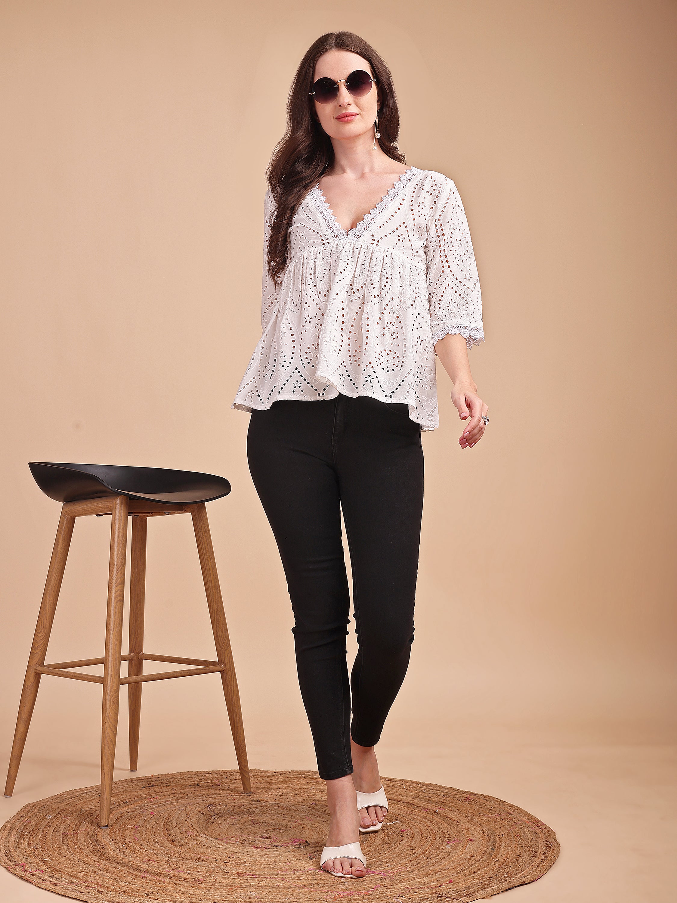 Schiffli Flare V-Neck Top