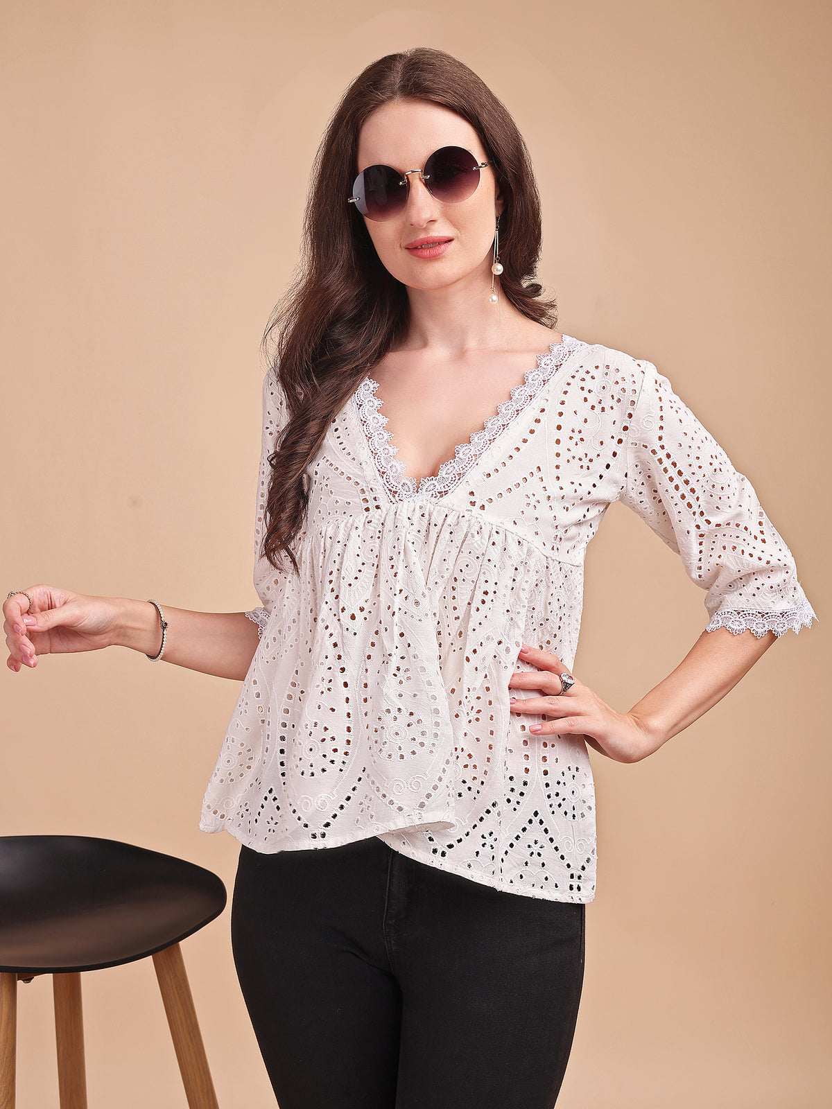 Schiffli Flare V-Neck Top