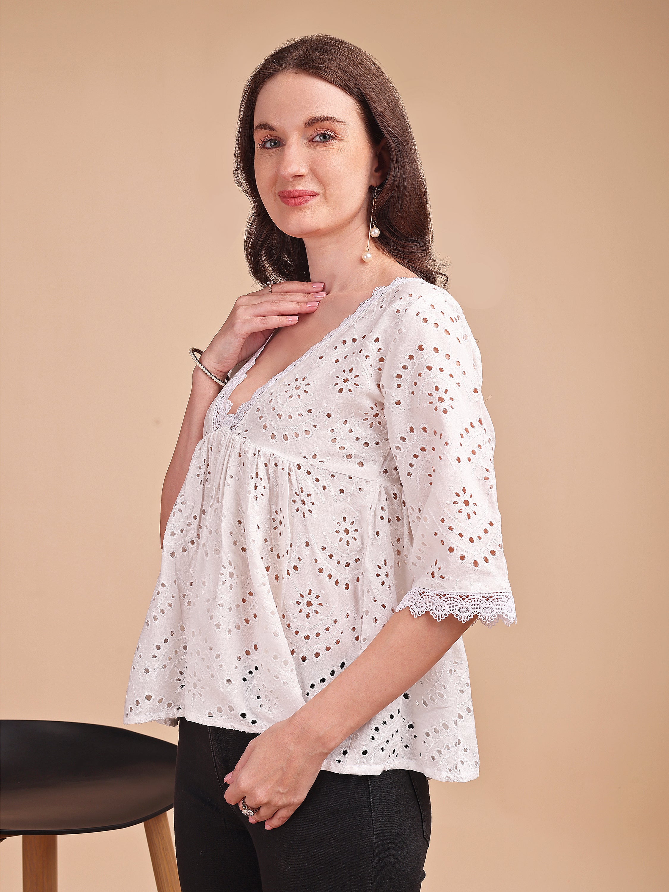 Schiffli Flare V-Neck Top