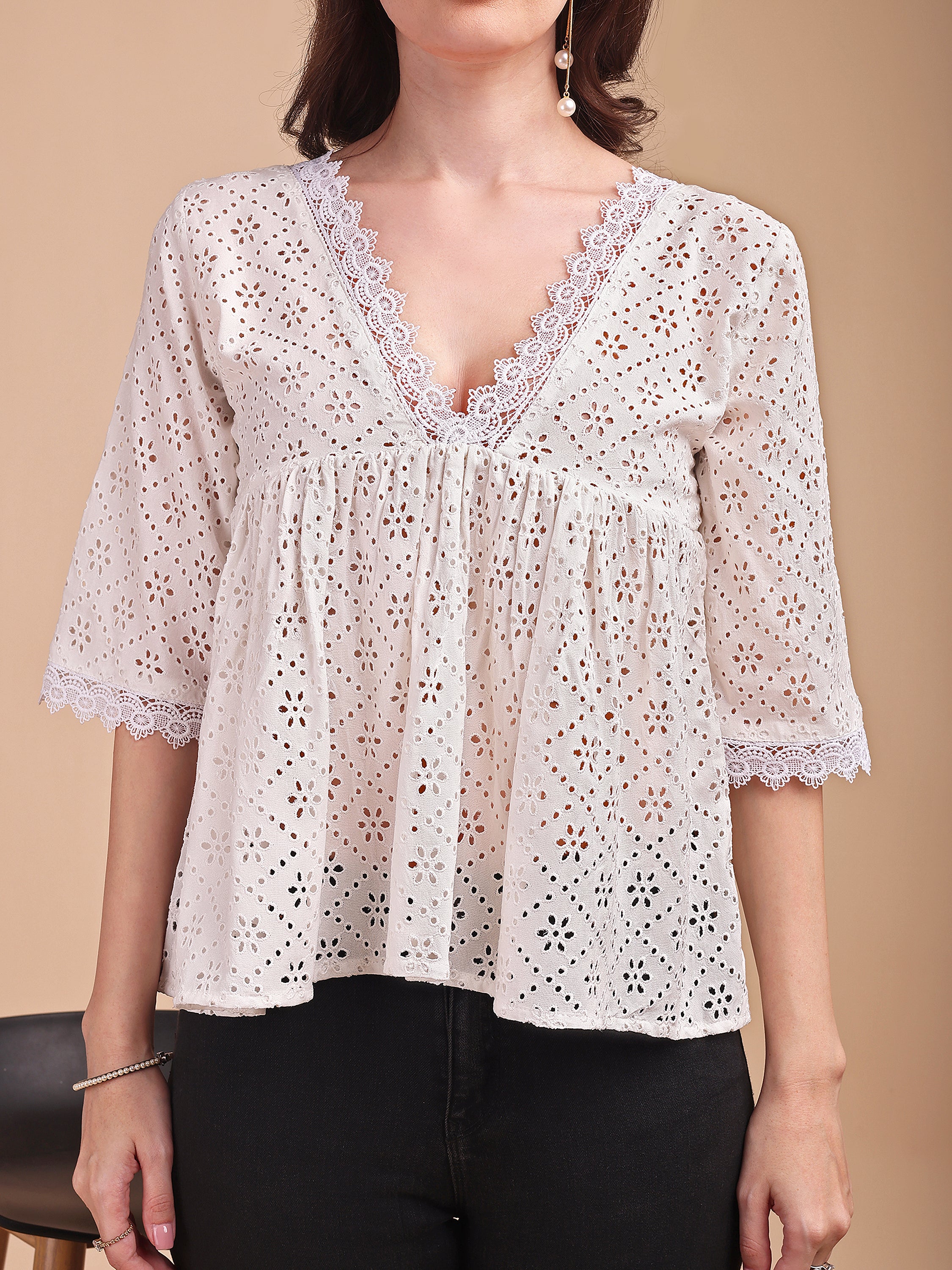 Schiffli Flare V-Neck Top