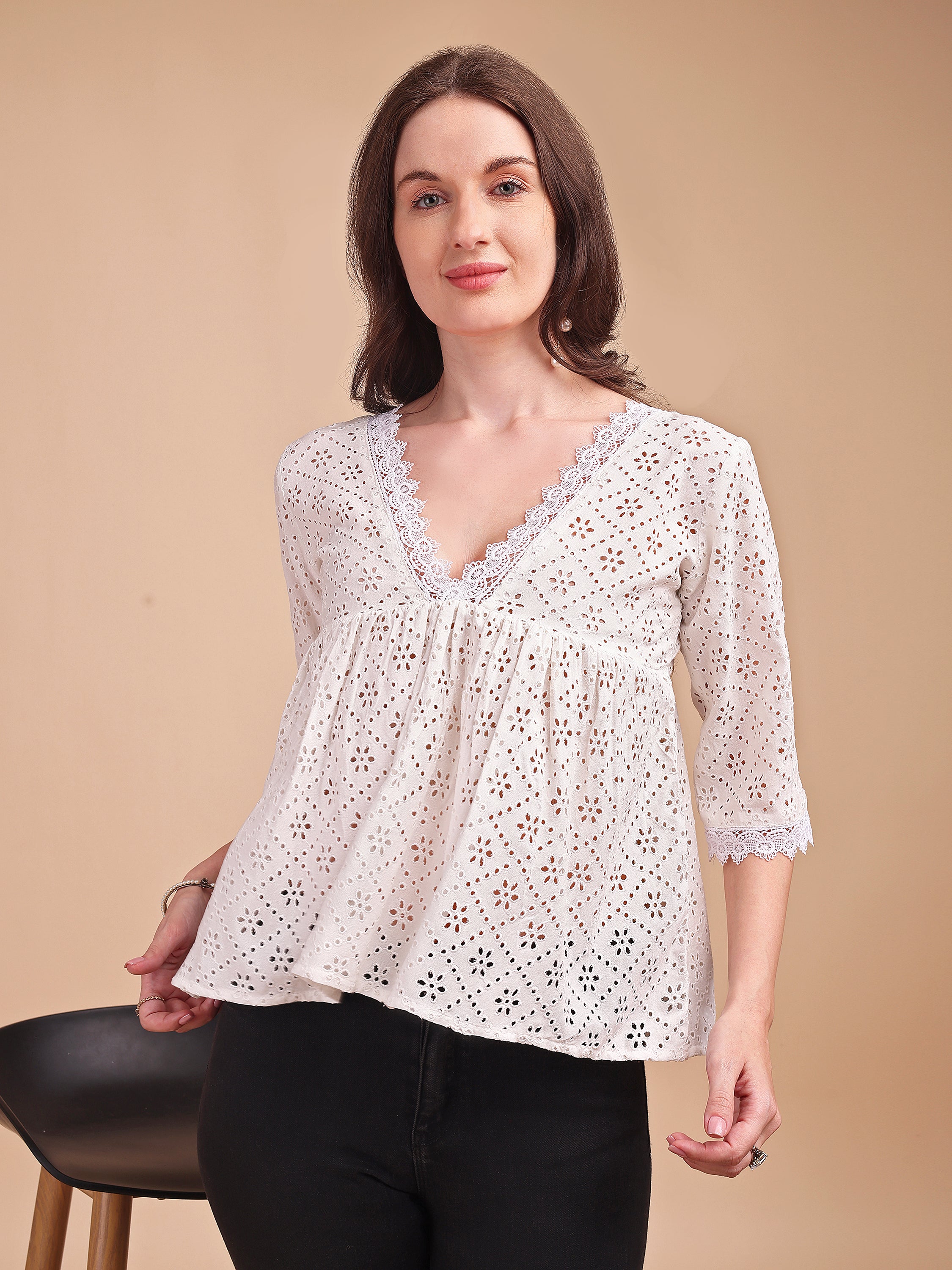 Schiffli Flare V-Neck Top