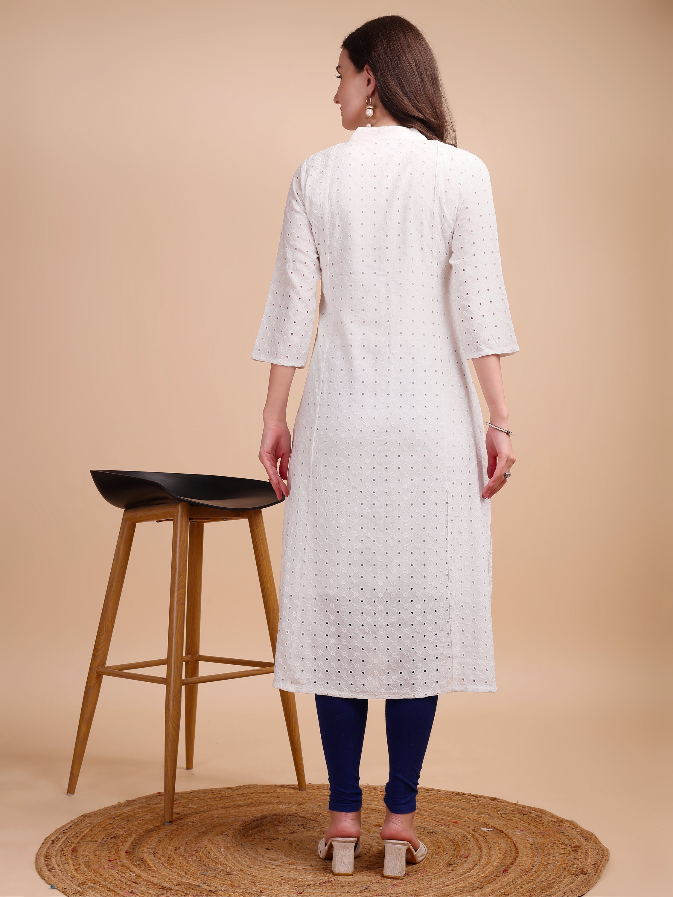 White Bloom Schiffli Button-Down Kurti