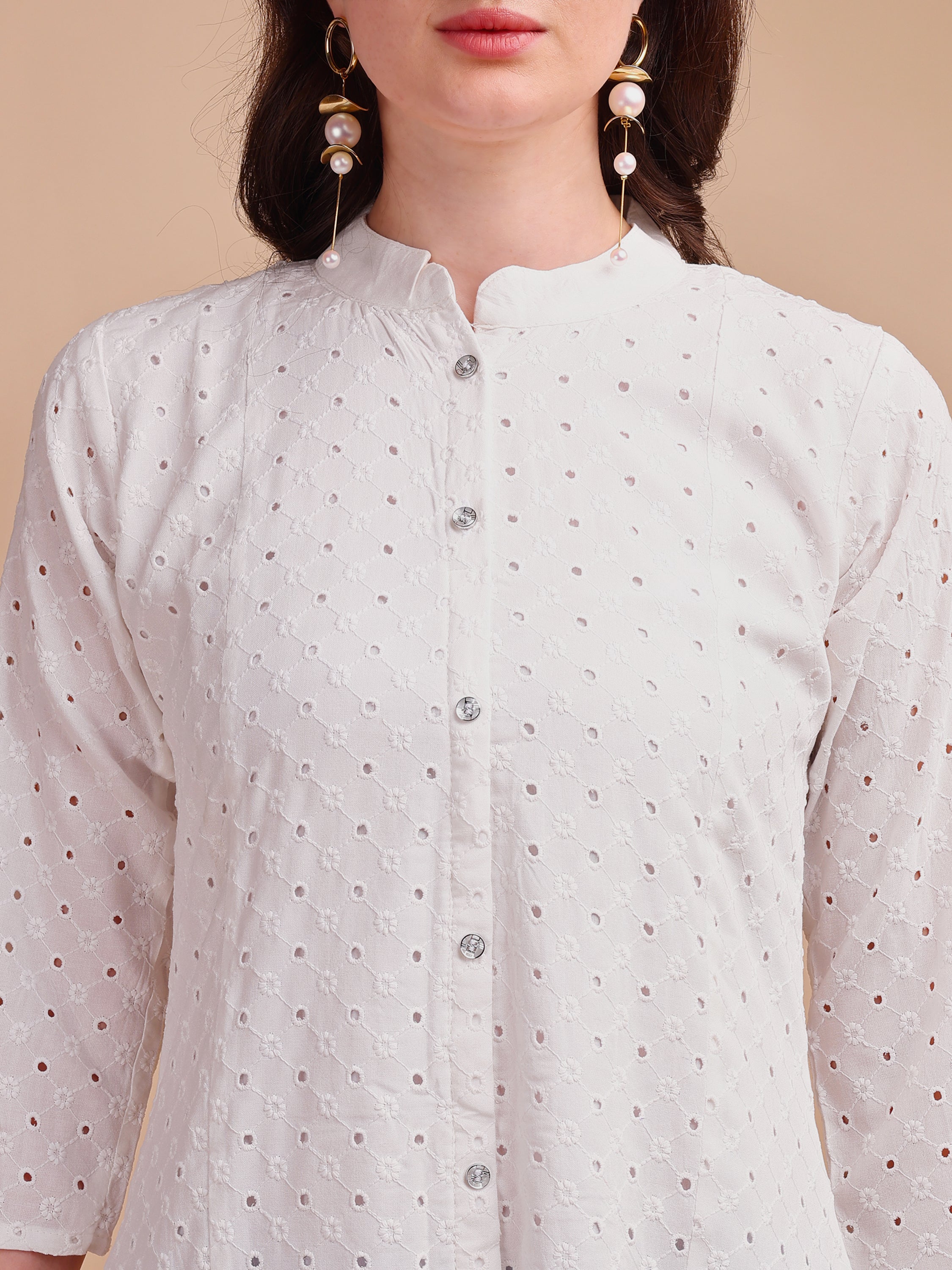 White Bloom Schiffli Button-Down Kurti