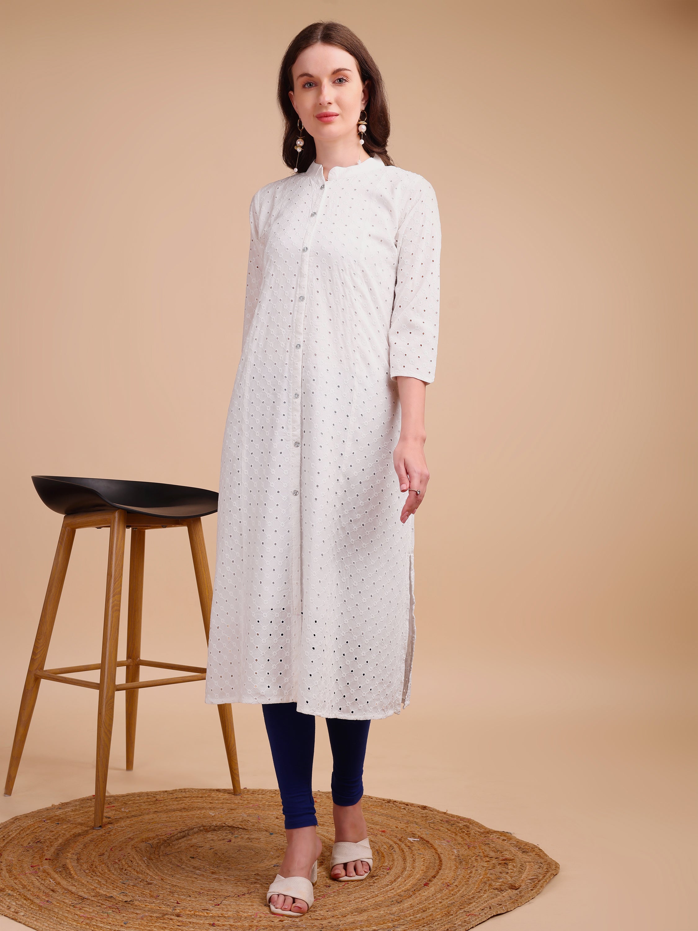 White Bloom Schiffli Button-Down Kurti