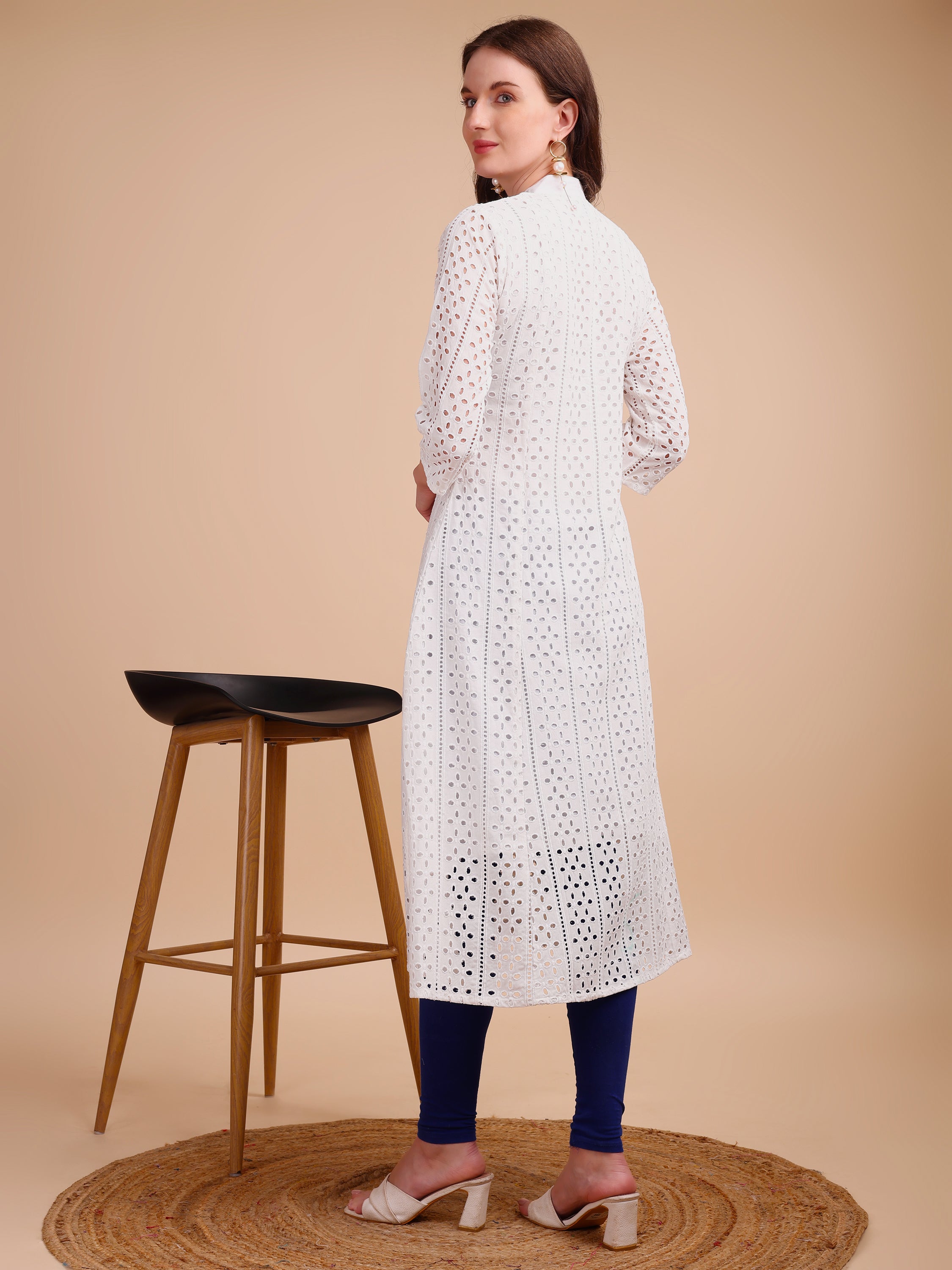 White Bloom Schiffli Button-Down Kurti