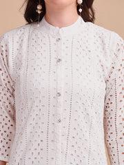 White Bloom Schiffli Button-Down Kurti