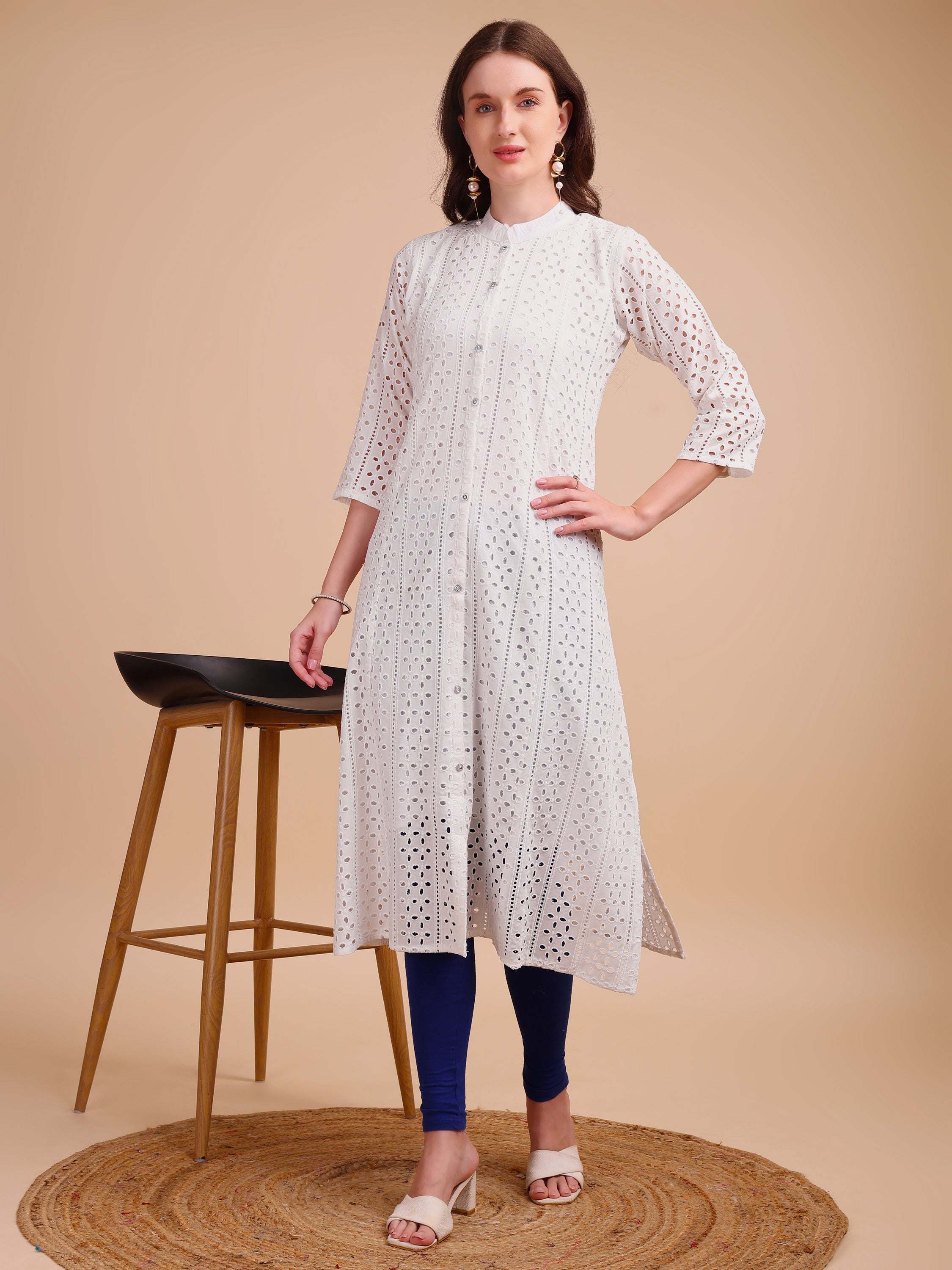 White Bloom Schiffli Button-Down Kurti