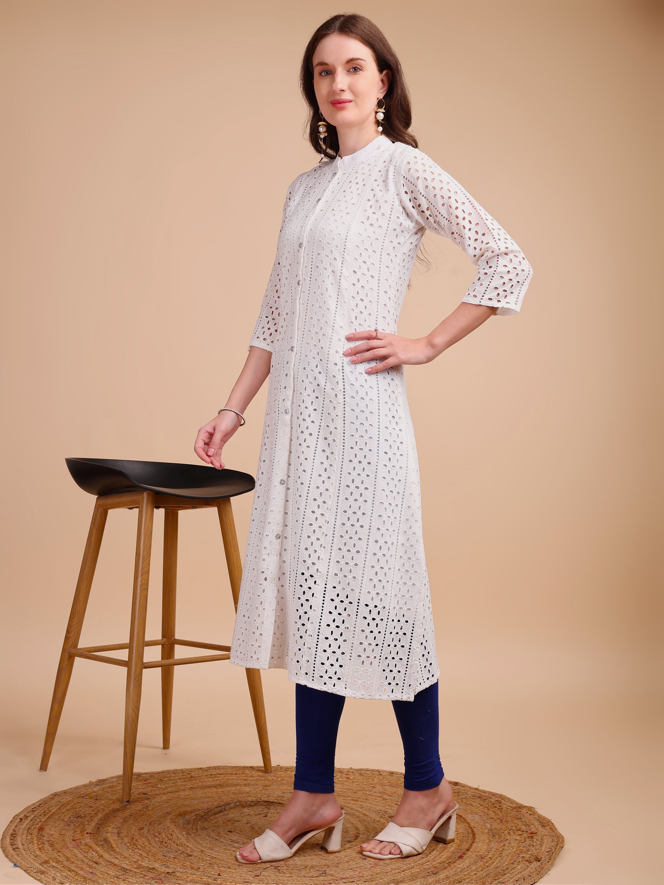 White Bloom Schiffli Button-Down Kurti