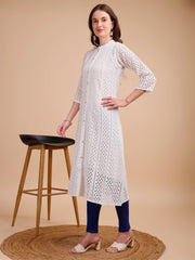 White Bloom Schiffli Button-Down Kurti