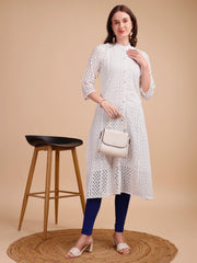 White Bloom Schiffli Button-Down Kurti