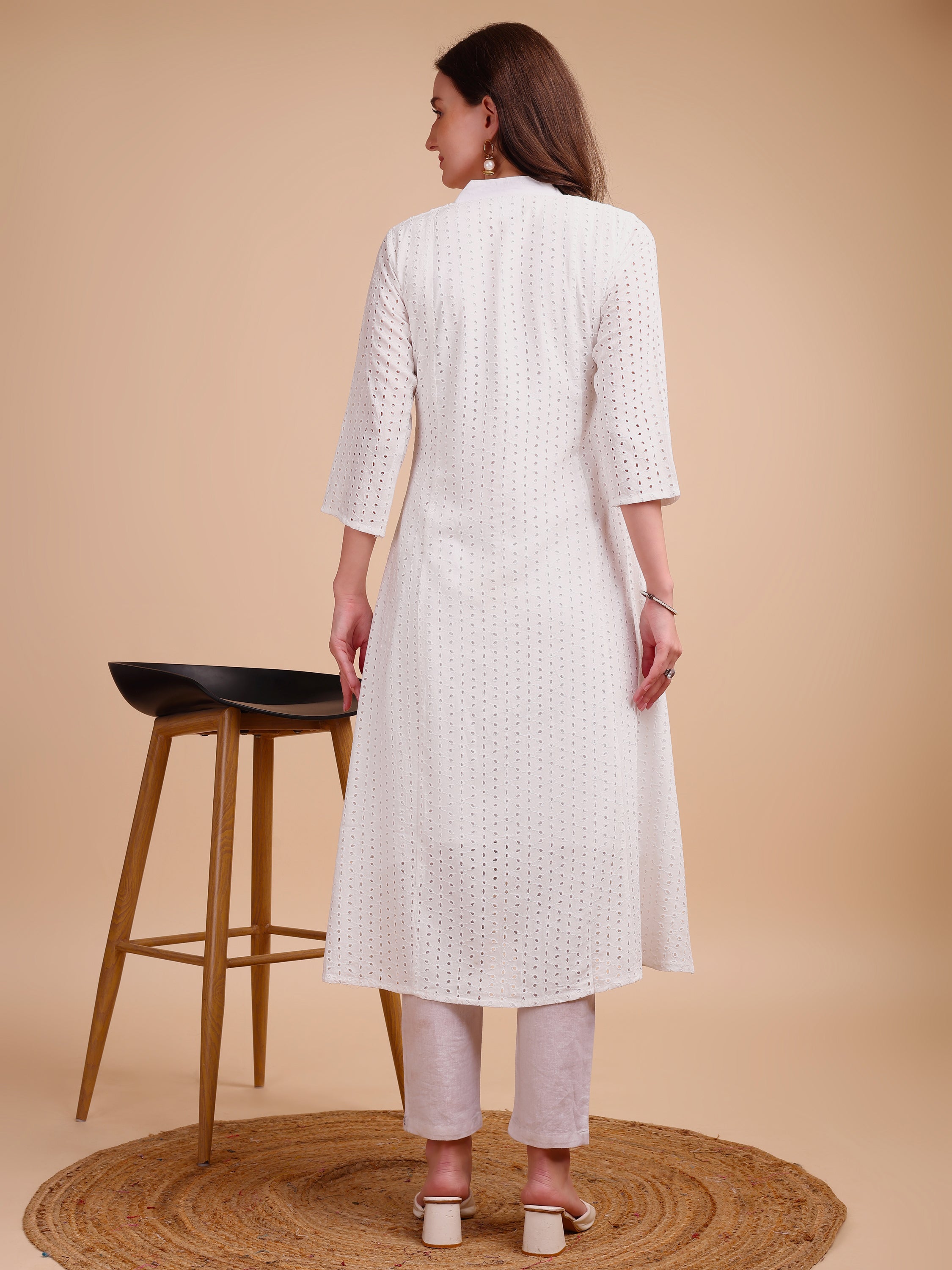 White Bloom Schiffli Button-Down Kurti