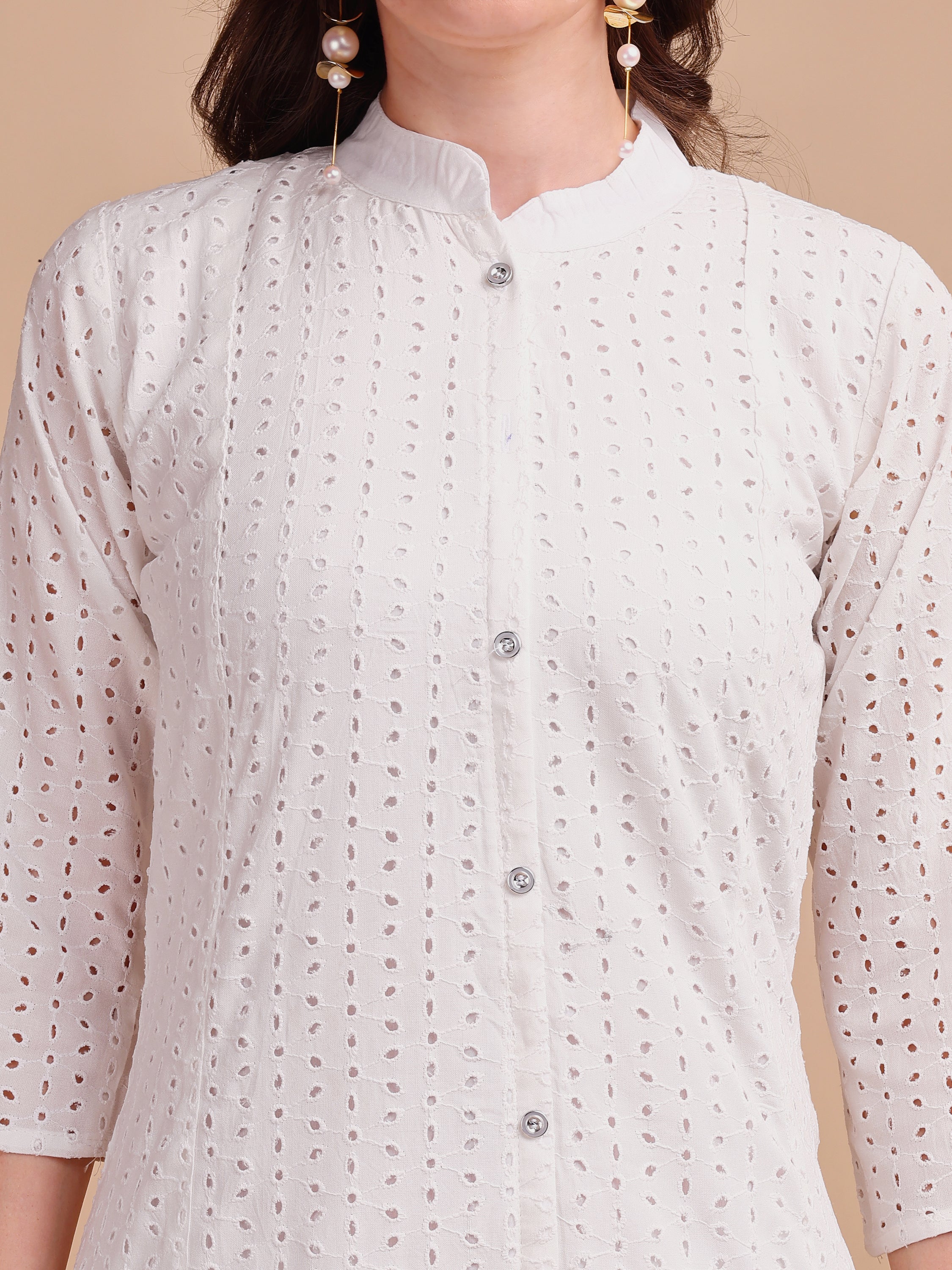 White Bloom Schiffli Button-Down Kurti