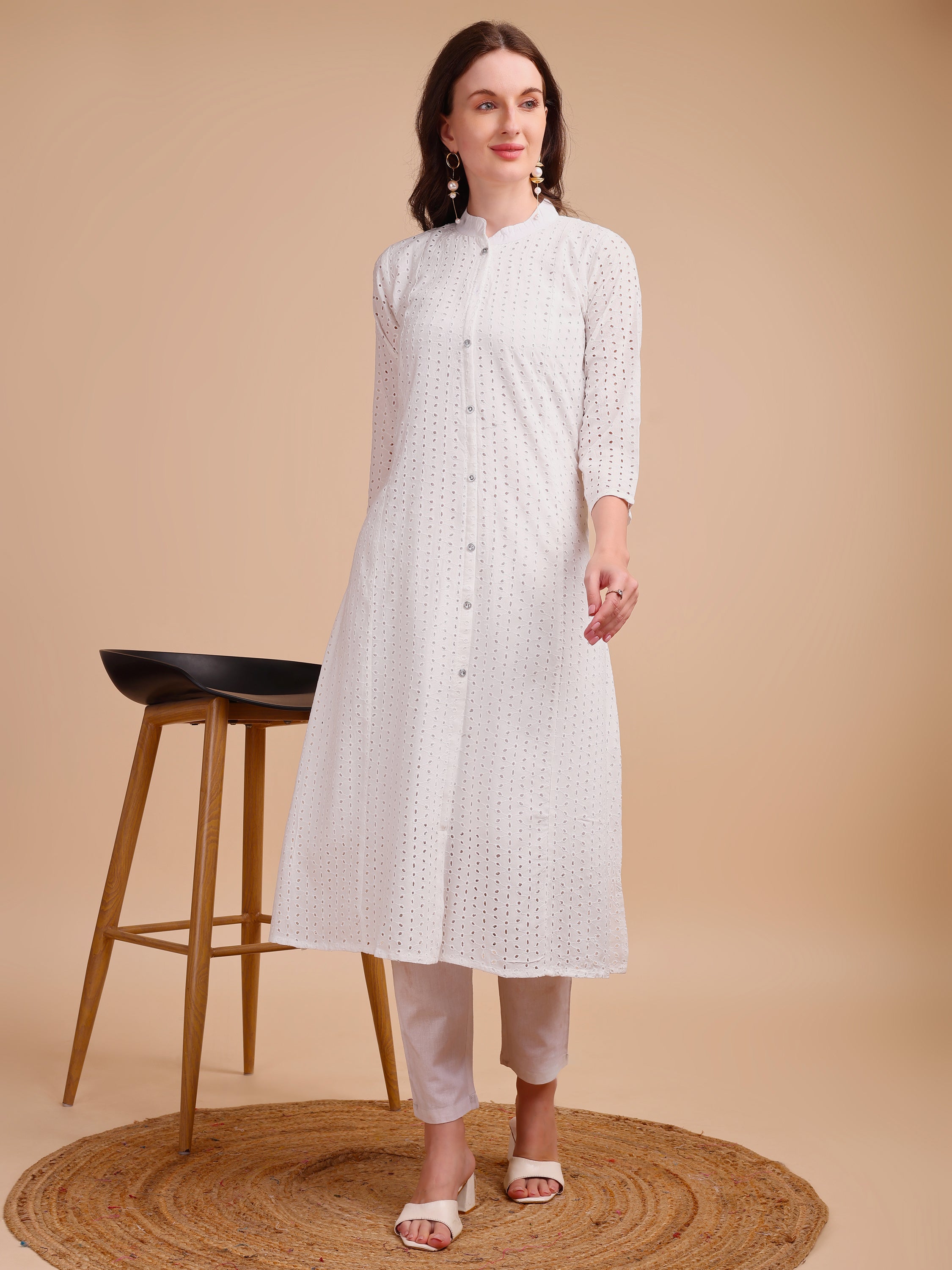 White Bloom Schiffli Button-Down Kurti