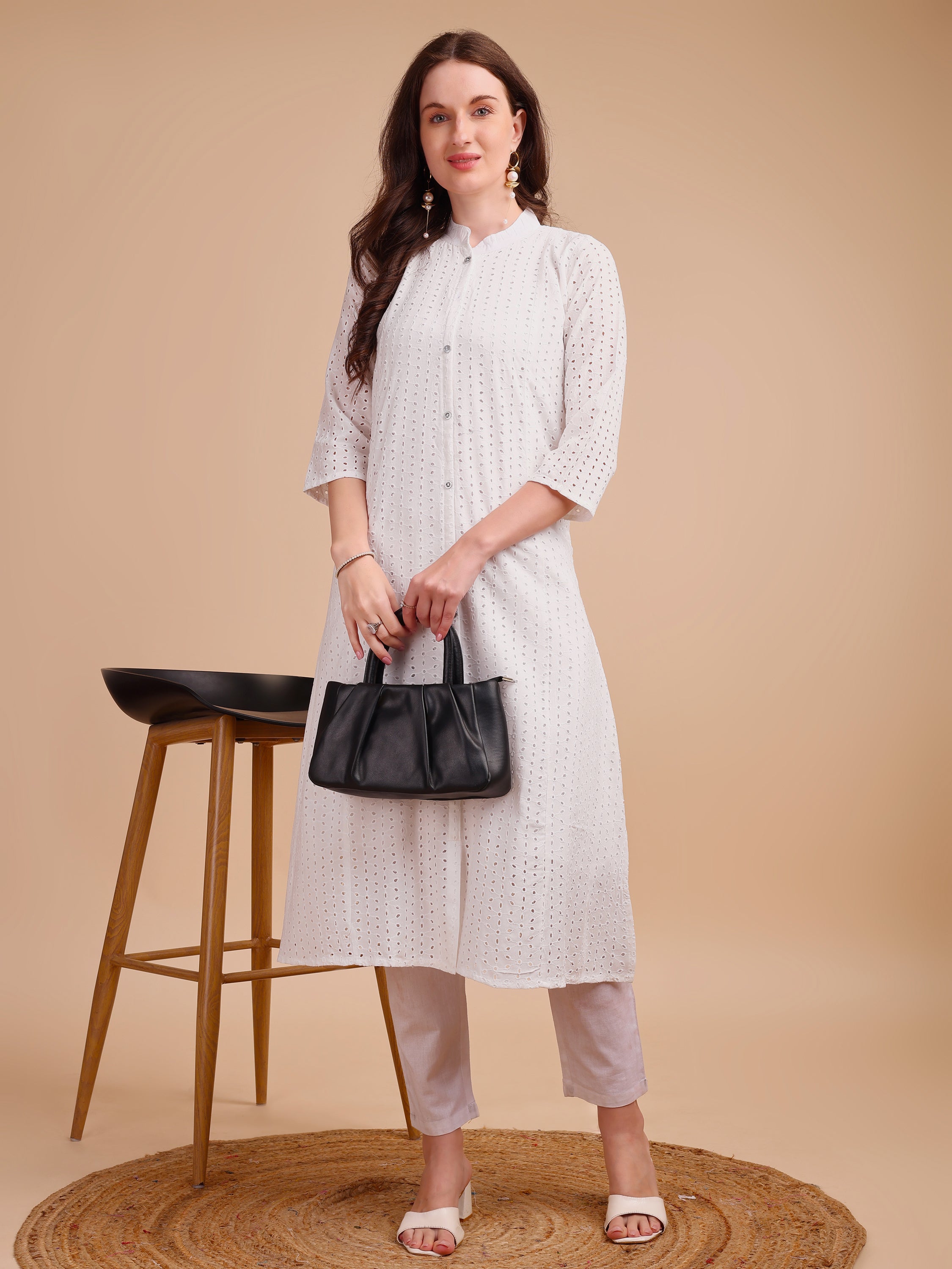 White Bloom Schiffli Button-Down Kurti