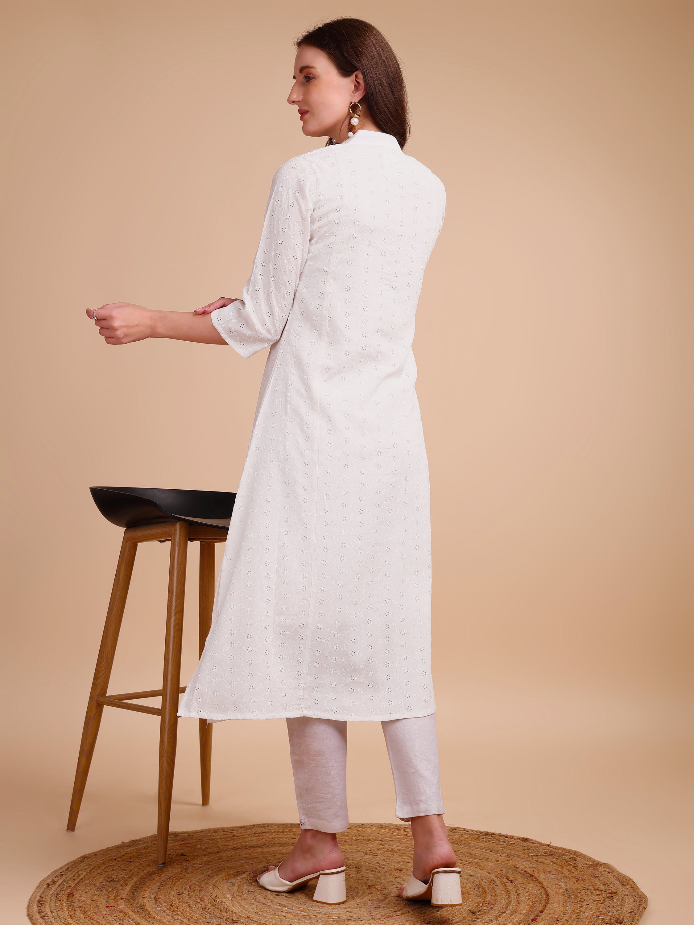 White Bloom Schiffli Button-Down Kurti