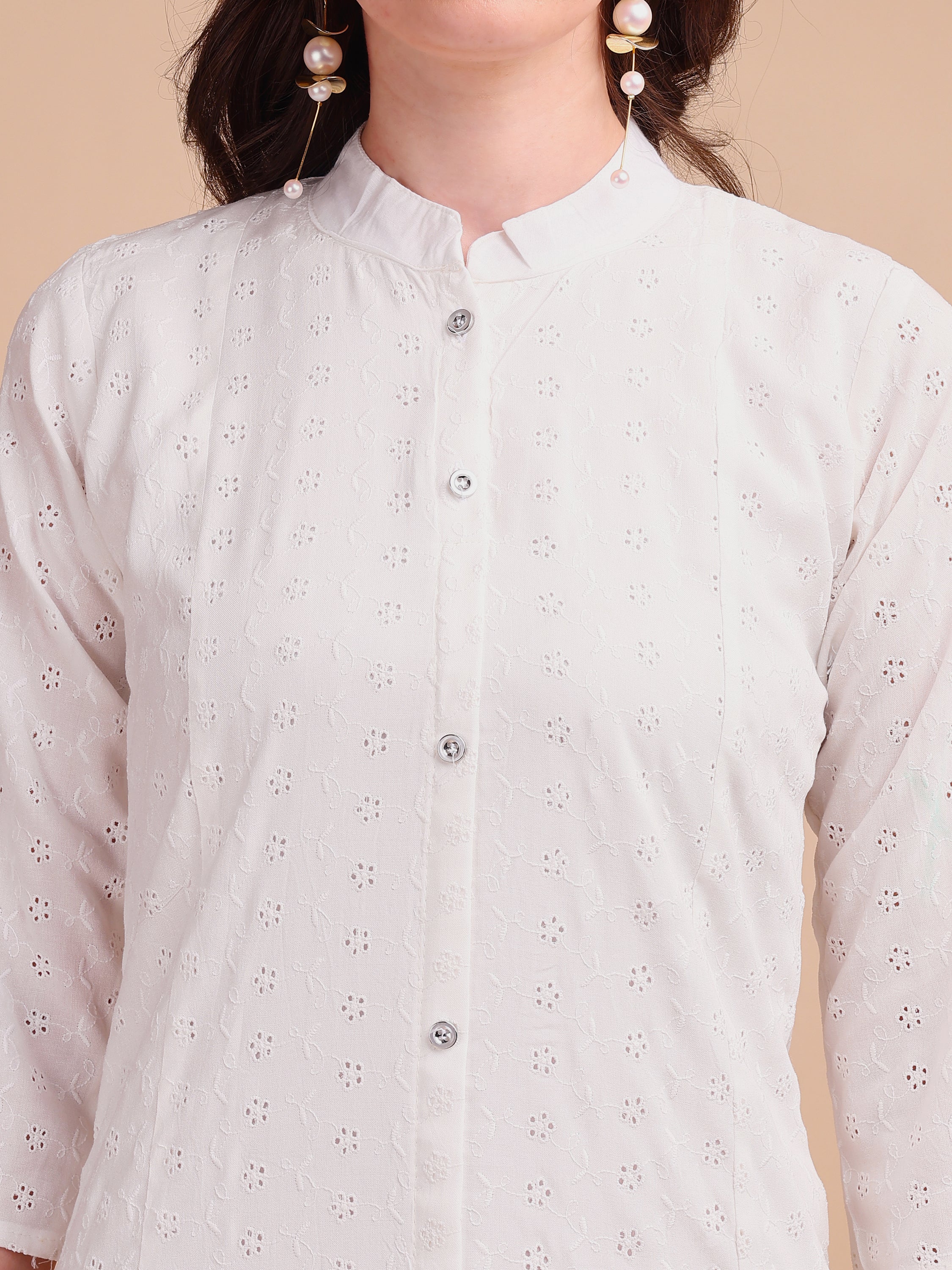 White Bloom Schiffli Button-Down Kurti