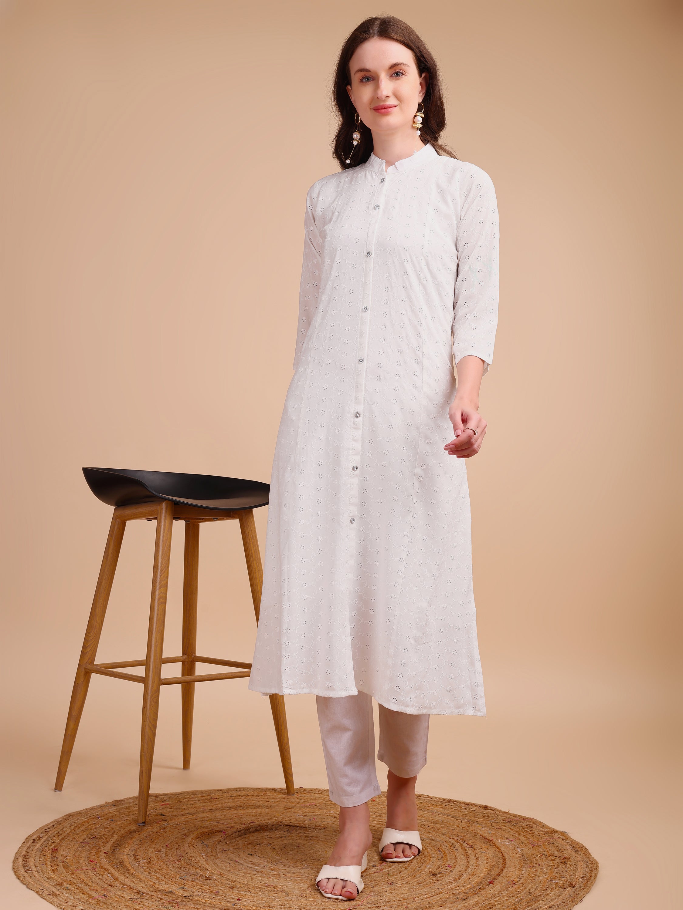 White Bloom Schiffli Button-Down Kurti