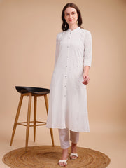 White Bloom Schiffli Button-Down Kurti