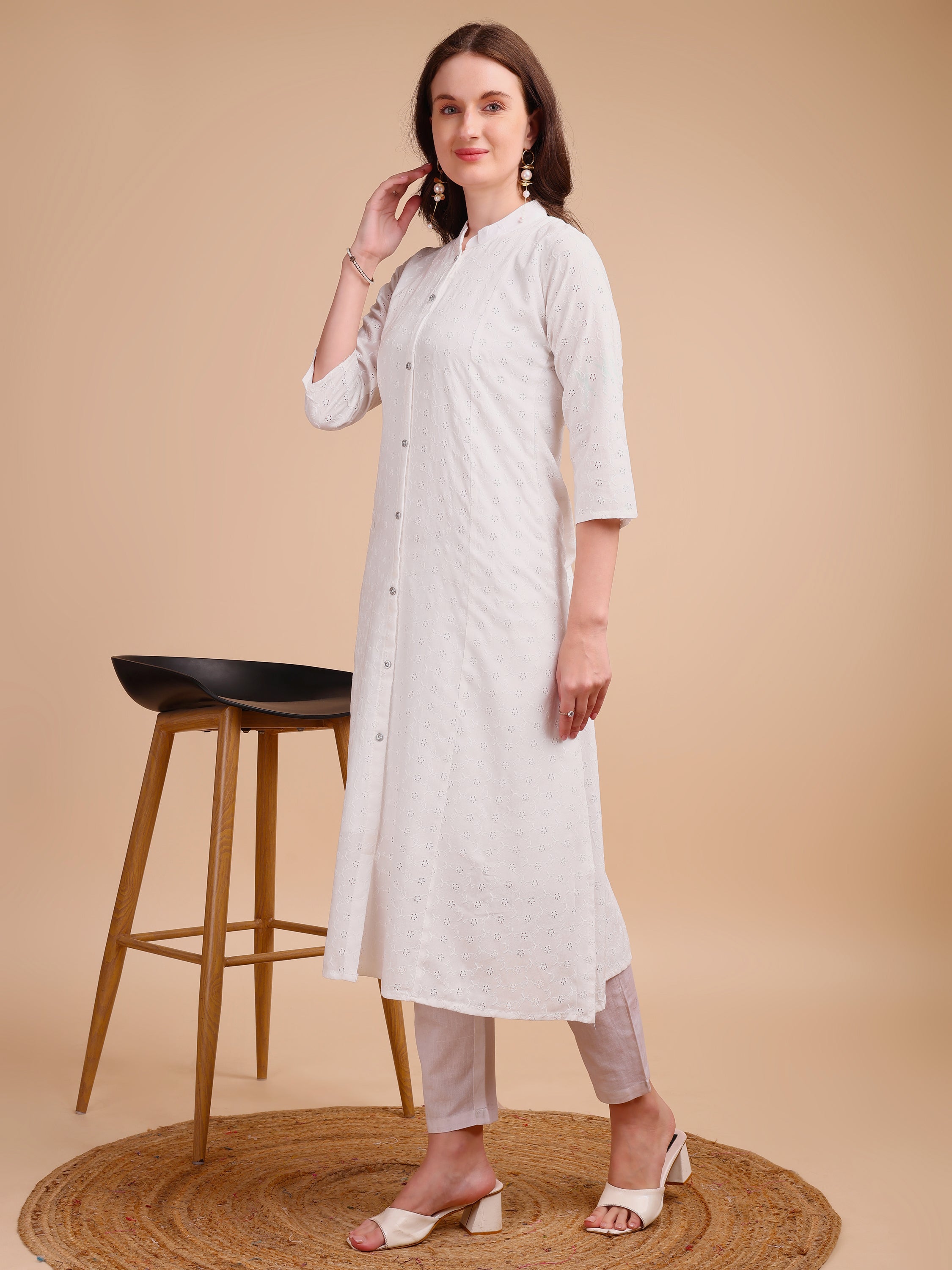 White Bloom Schiffli Button-Down Kurti