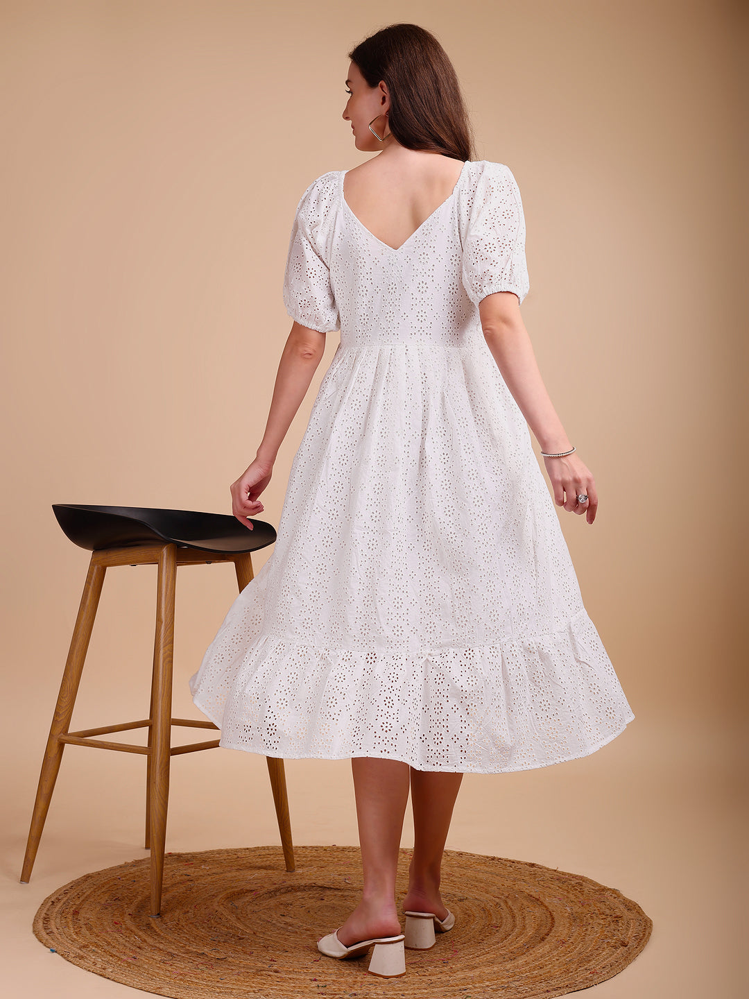 Schiffli V-Neckline Long Onepiece Dress