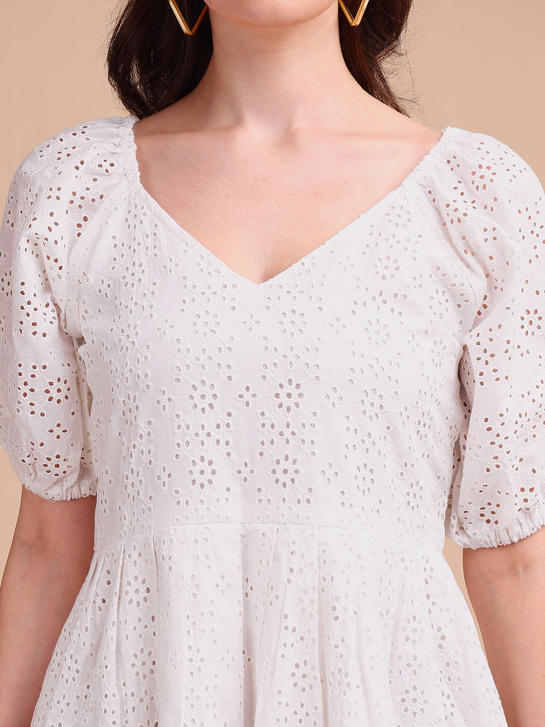 Schiffli V-Neckline Long Onepiece Dress