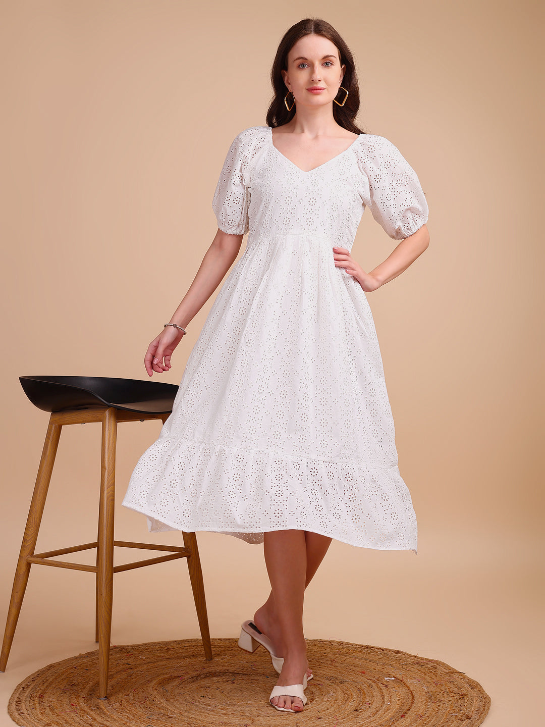 Schiffli V-Neckline Long Onepiece Dress