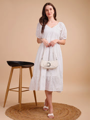 Schiffli V-Neckline Long Onepiece Dress